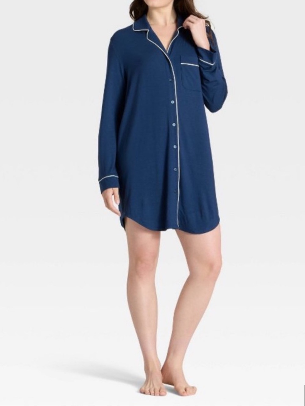 stars above Navy Long-Sleeve Notch-Collar Nightshirt with Contrast Piping sz M